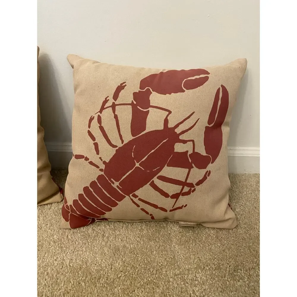 Set of 3 Hampton Bay Coastal Lobster & Stripe Throw Pillows Nautical Beach Decor